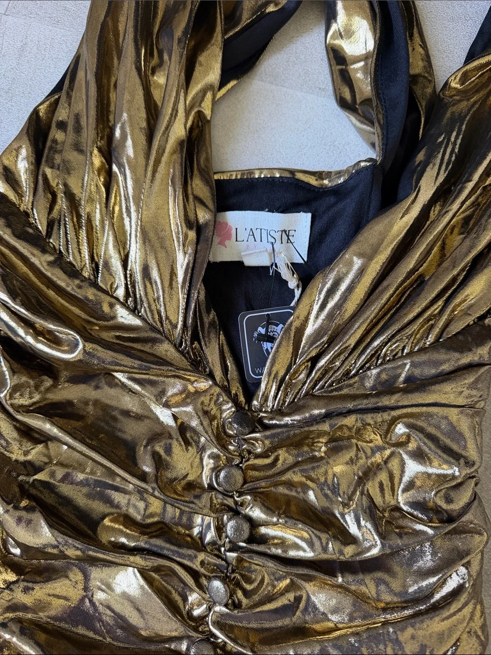 L'ATISTE Metallic Gold Halter Ruched Maxi Gown - Picture 2 of 3